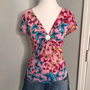 Butterfly Print‎ Top Pink V Neck Short Sleeve Ring Detail Y2K Aesthetic